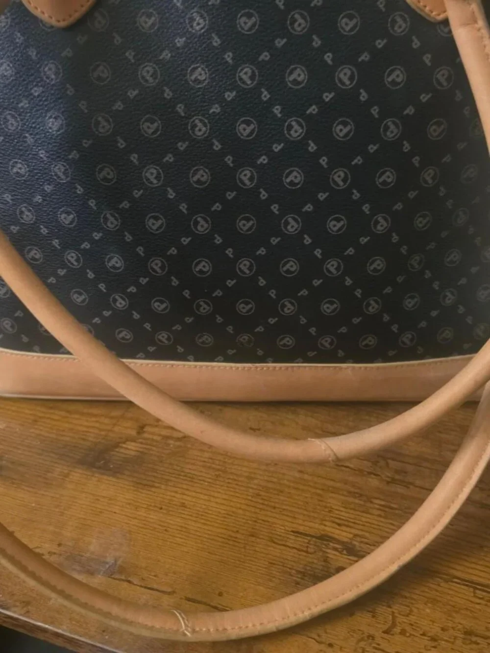 Vintage Picard Germany Monogram Dome Satchel Handbag Tan Leather Trim Y2K
